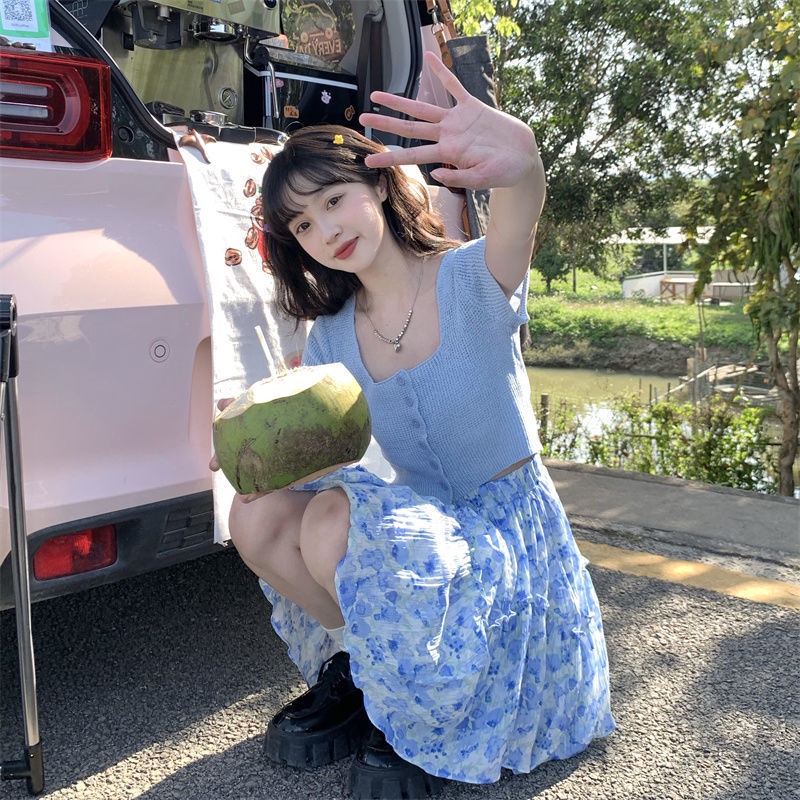 Áo dệt kim COZOKC ngắn tay cổ vuông phong cách cổ điển