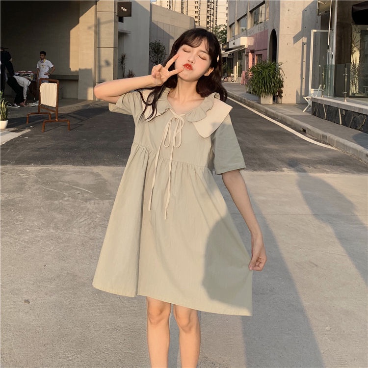 Áo Đầm Rộng Cổ Peter Pan Cột Dây Dáng Dài Phong Cách Hàn Quốc Thời Trang Mùa Hè Hàng Mới Dành Cho Bạn Nữ Sinh