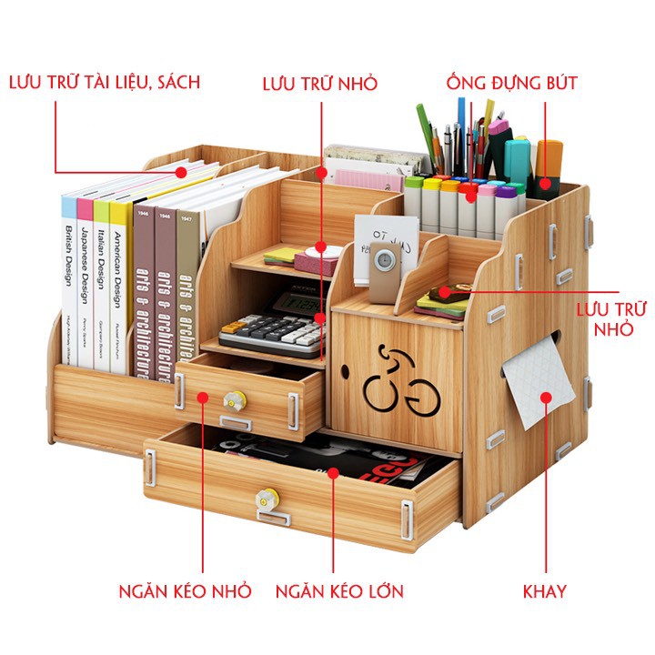 Kệ sách gỗ để bàn, để tài liệu B13 có nhiều ngăn tiện lợi size 41.5*26*23.5cm.