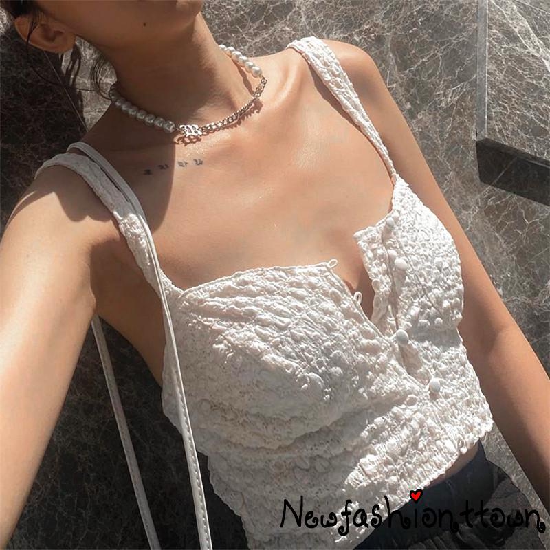 NFashion-Áo ba lỗ hai mảnh thời trang mùa hè họa tiết cổ điển màu trơn cho nữ