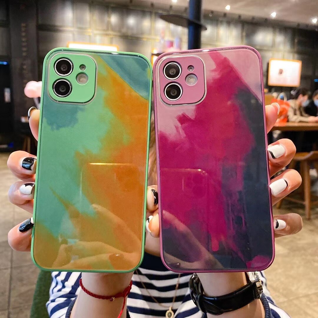 Ốp lưng bằng kính màu gradient sang trọng có vỏ silicone bảo vệ ống kính dùng cho iPhone 12 11 Pro 7 8 Plus X XR XS