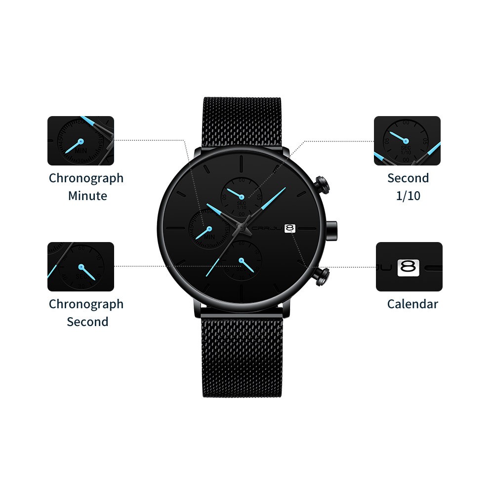 Đồng Hồ CRRJU 2268 Có Hiển Thị Ngày Phong Cách Thể Thao Độc Đáo Với Dây Đeo Lưới Thép Không Gỉ Cho Unisex