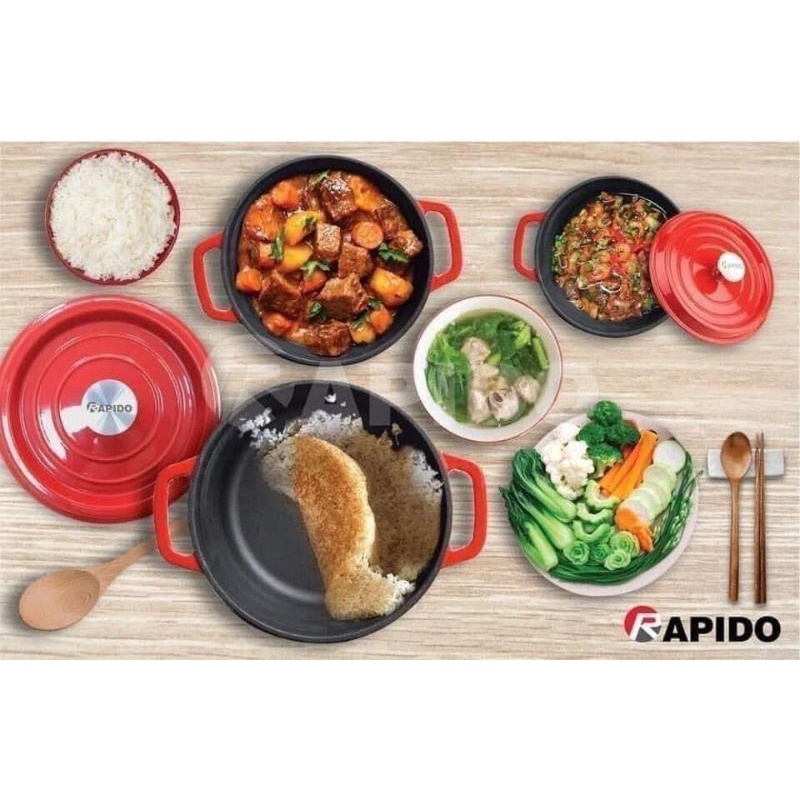 Nồi gang đúc tráng men Rapido, Bộ nồi gang đúc tráng men Rapido, kích cỡ 20, 22, 24cm , dùng cho tất cả các loại bếp.