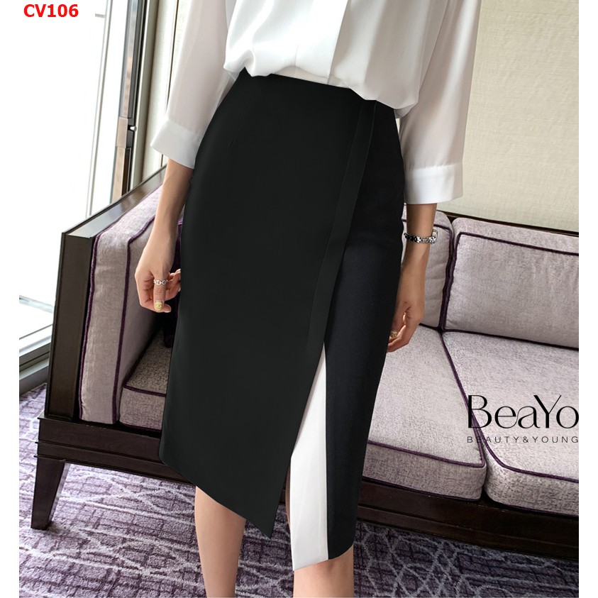 CV106- VÁY BÚT CHÌ PHỐI VẠT TRẮNG