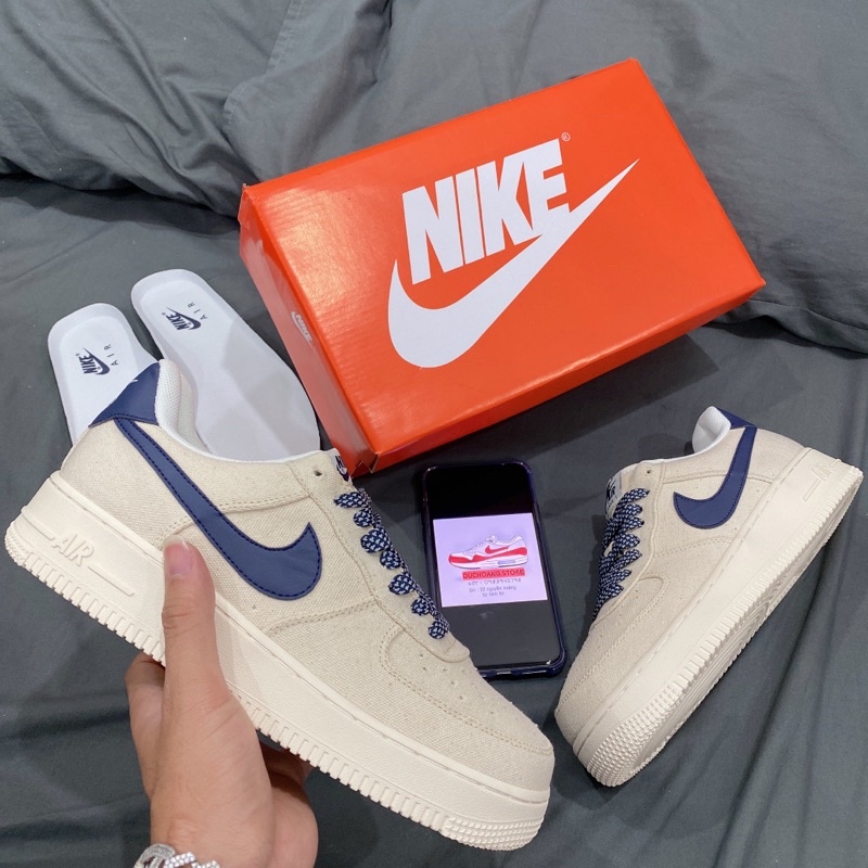 Giày AF1 CANVAS NAVY - Giày Thể Thao air force 1 Vải Kem Sữa Hót trend Màu Be Kem Tích Xanh nam Nữ Full Phụ Kiện