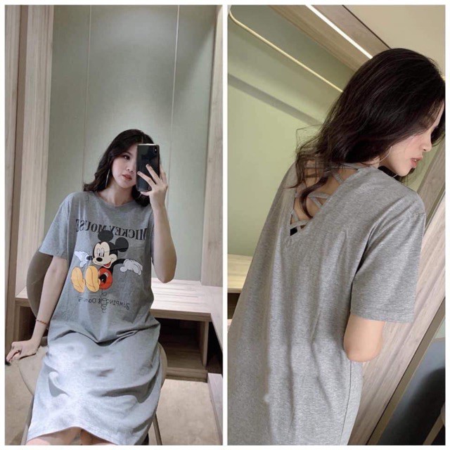 Váy Suông Dáng Dài Đầm Họa Tiết Hình MICKEY Đang Dây Lưng