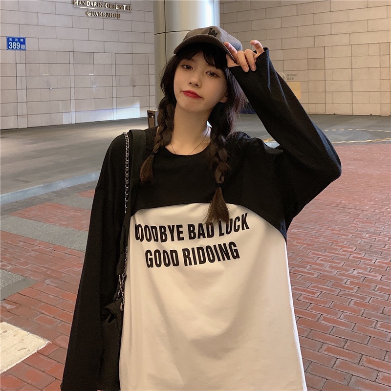 【ZHELIHANGFEI】Áo Thun Dài Tay Giả Hai Lớp In Chữ Phong Cách Preppy