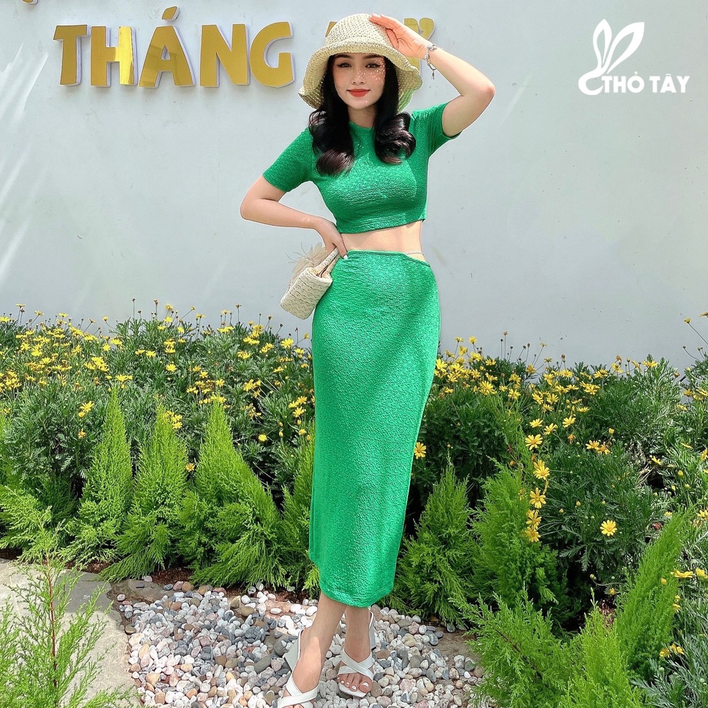 Set áo thun croptop mix chân váy midi ôm THỎ TÂY SET439