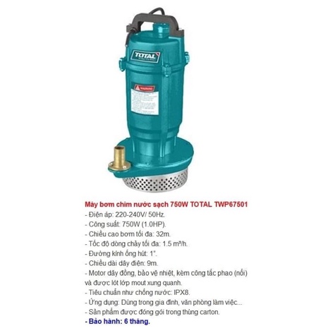 TOTAL Máy bơm chìm nước sạch 0.5HP TWP63701 (Cam kết Chính Hãng 100%)