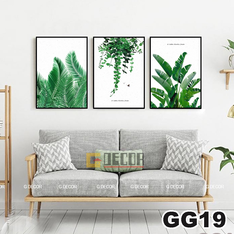 Tranh treo tường canvas khung gỗ 3 bức phong cách hiện đại Bắc Âu tranh hoa lá trang trí phòng khách phòng ngủ spa 05