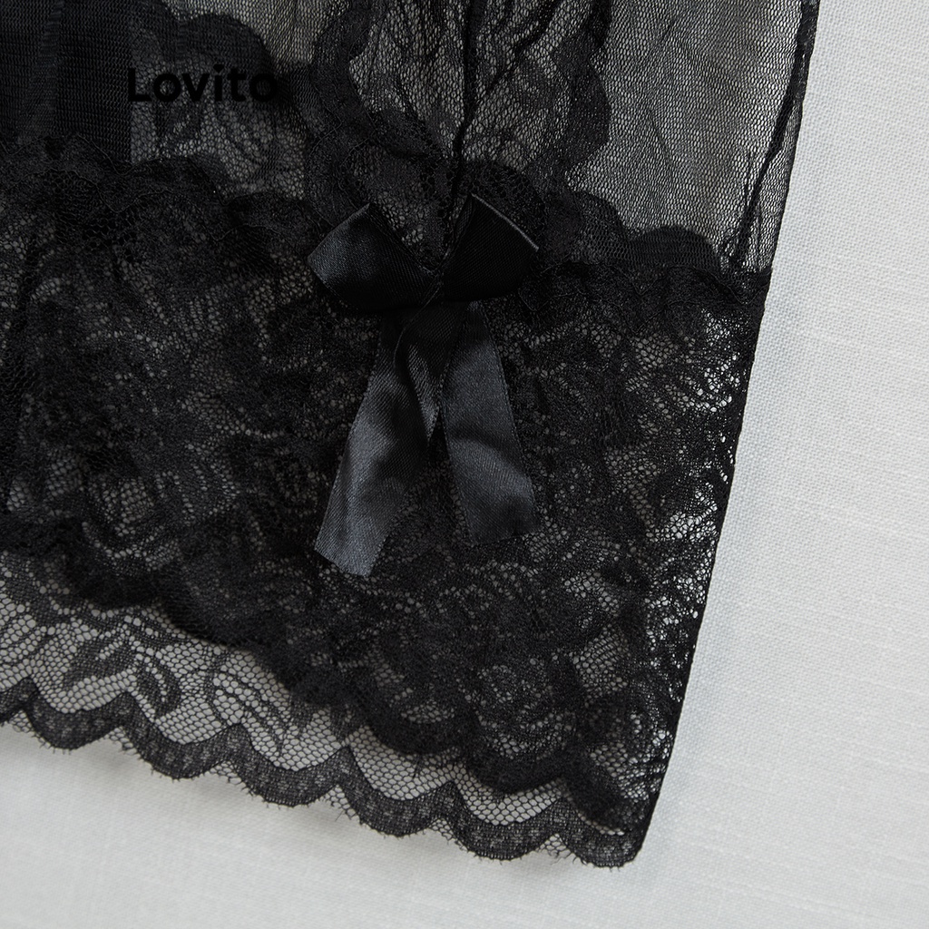 Đồ lót Lovito vải xuyên thấu ren tương phản phối dây buộc sexy không có miếng đệm L17X458 (màu đen) | BigBuy360 - bigbuy360.vn