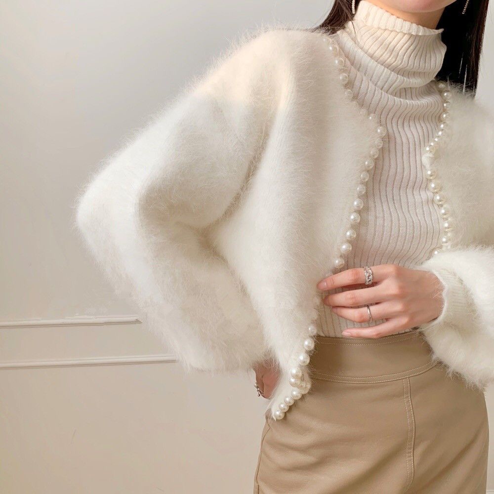 Áo Khoác Cardigan Dệt Kim Tay Phồng Đính Ngọc Trai Giả Thời Trang Xuân Thu 2022