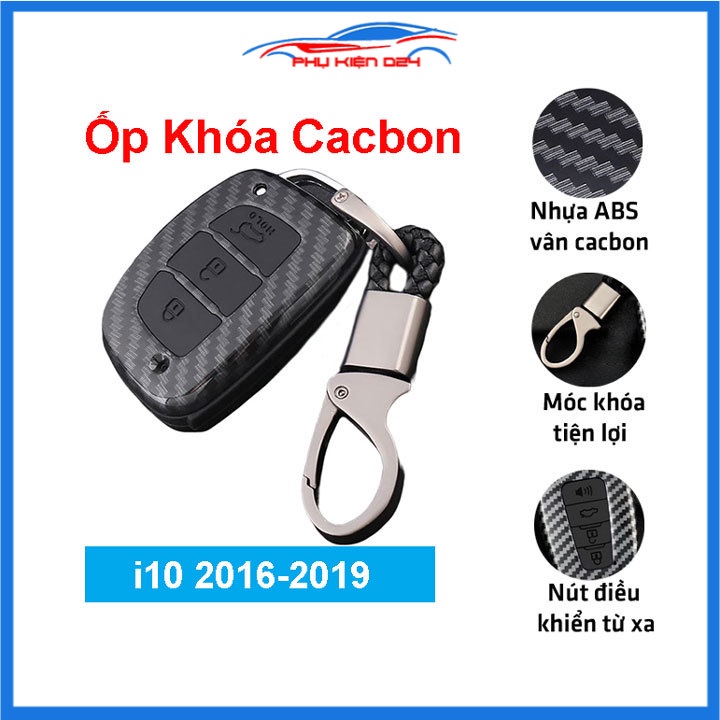 Ốp vỏ bọc chìa khóa xe Huyndai i10 sợi nhựa cacbon kèm móc treo Inox