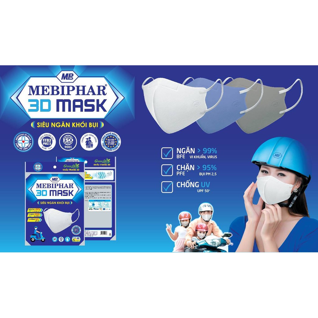 [SET 5 CAI]3d mask mebiphar khẩu trang ngăn khói bụi/ vi khuẩn kháng khuẩn dành cho người lớn