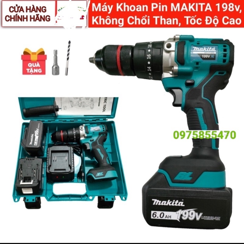 Máy khoan pin MAKITA 198v pin khủng 10 cell, không chổi than, máy mạnh tốc độ cao