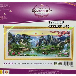 tranh thêu chữ thập phong cảnh núi non lưu thủy sinh tài kt 200x90cm