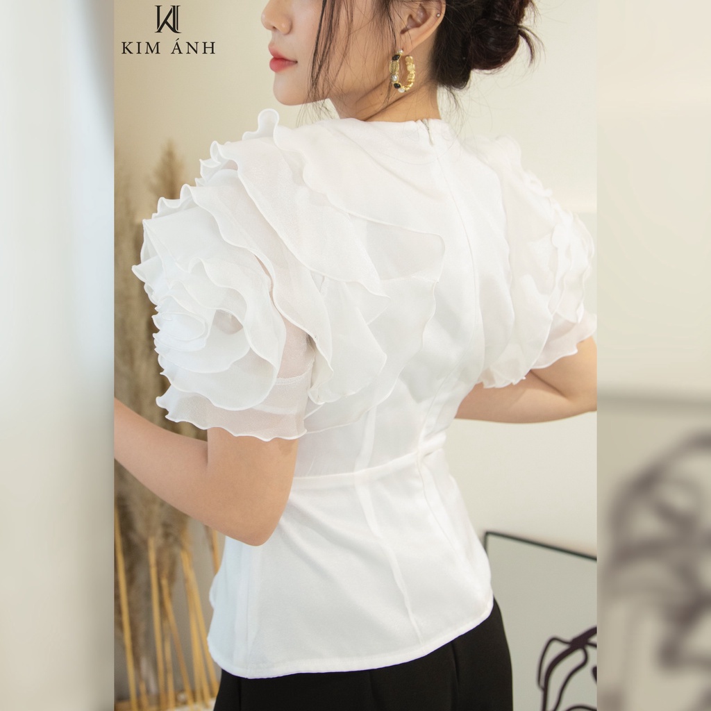 Áo Kiểu Nữ Công Sở Cổ Tròn Kim Ánh Tay Bồng Bo Eo Thanh Lịch, Trẻ trung, Nhiều Màu< Nhiều Kích Thước AKSX30003