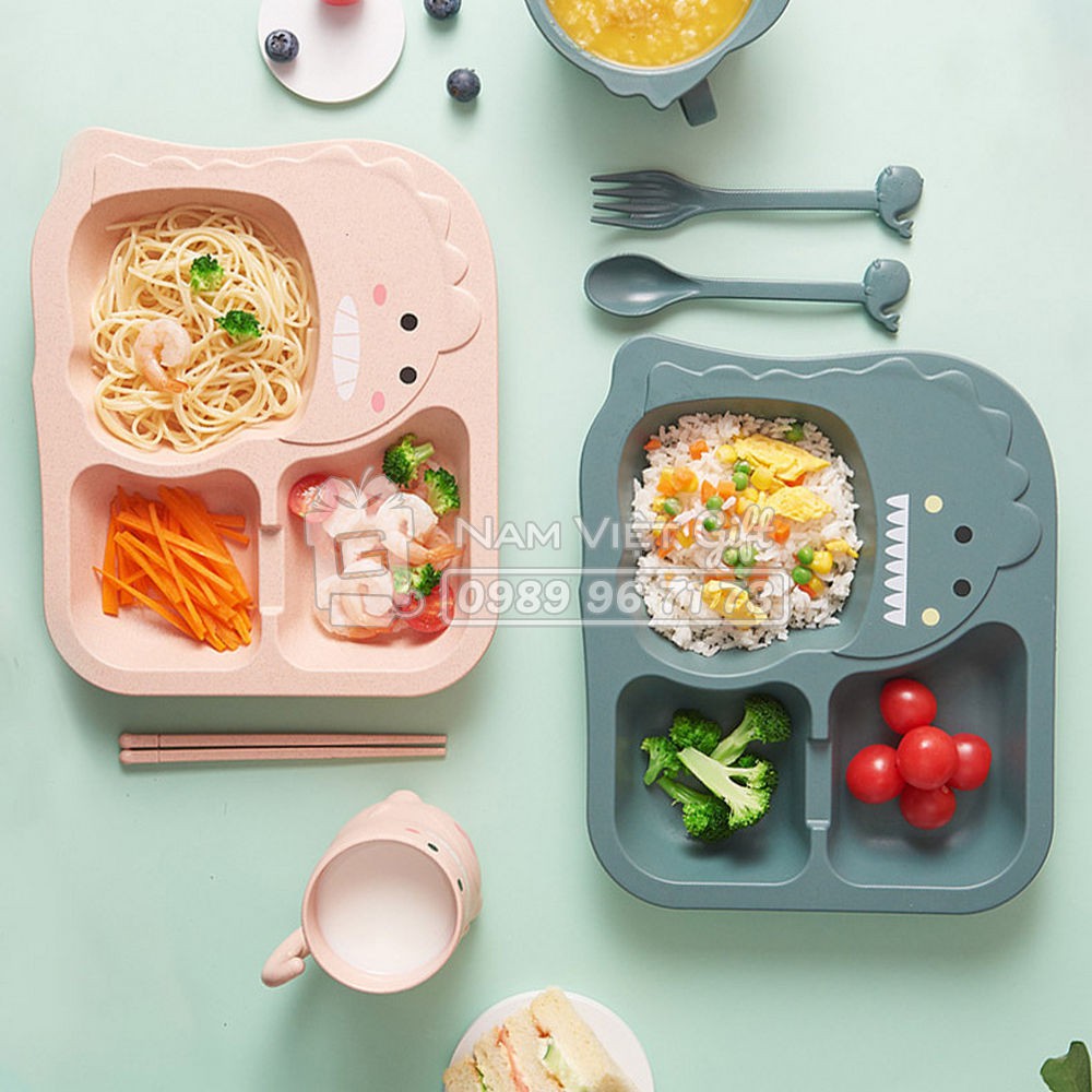 Set 6 Món Khay Ăn Khủng Long Cho Bé Chất Liệu Nhựa Sinh Học Lúa Mì