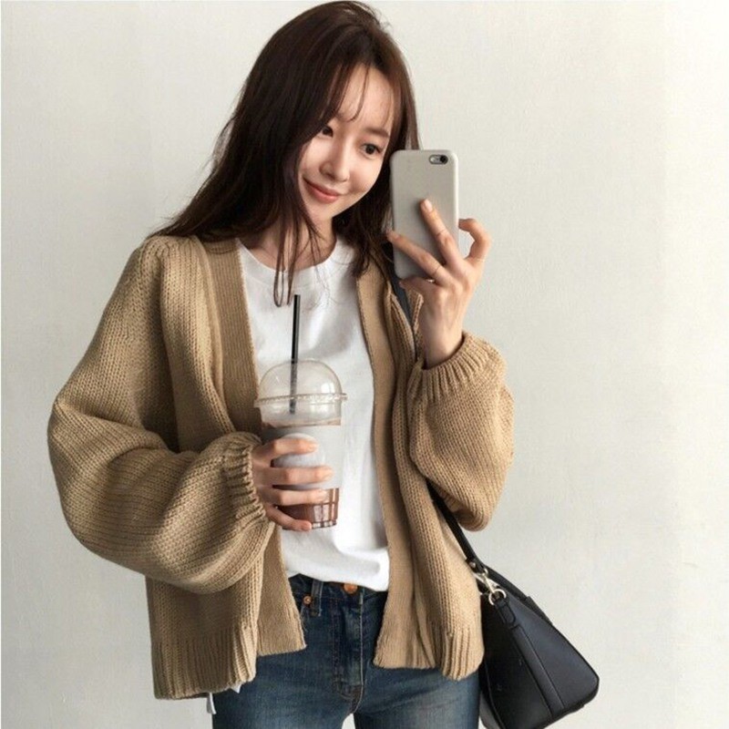 Áo khoác cardigan dệt kim dài tay dáng rộng màu trơn thanh lịch cho nữ