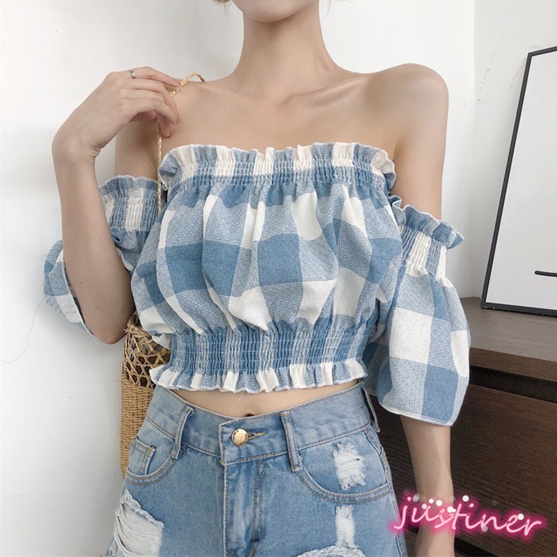 Áo Croptop Tay Ngắn Trễ Vai Họa Tiết Sọc Caro Cho Phái Nữ