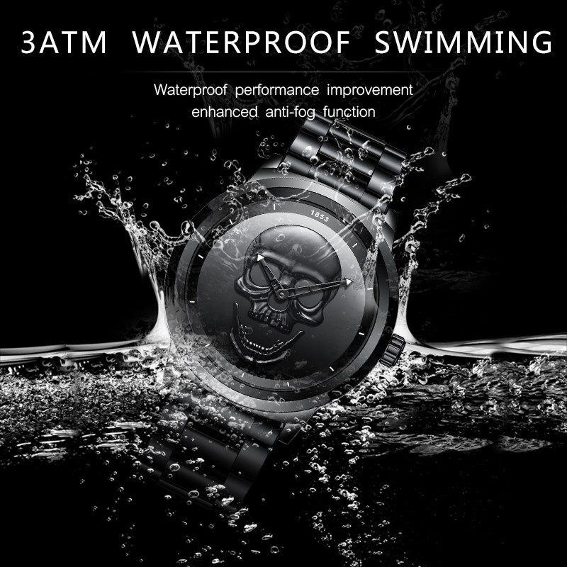 【Official product】WISHDOIT Simple atmosphere watch Waterproof swim watches stainless steel personality Crossbones skull casual watch Boutique popular watches Black watch Quartz watch fashion trend Young man watch.