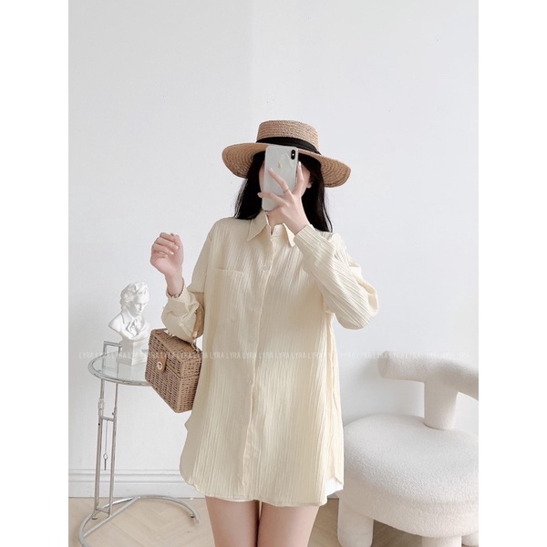 Sơmi trơn túi ngực thô gân hàn Quốc