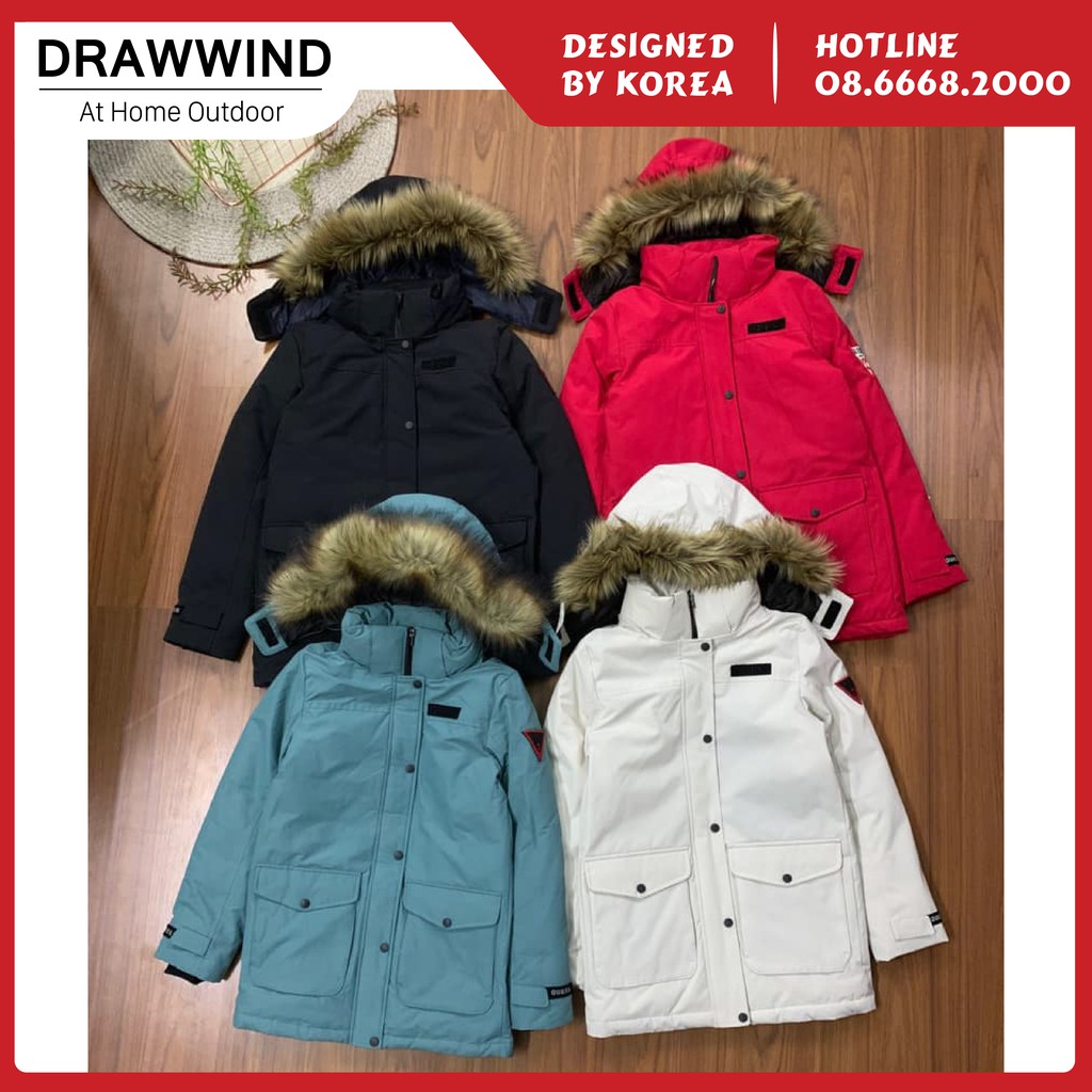 Áo parka bông GUESS dáng dài mũ lông lót lông cừu mềm mịn, ấm áp drawwind V790