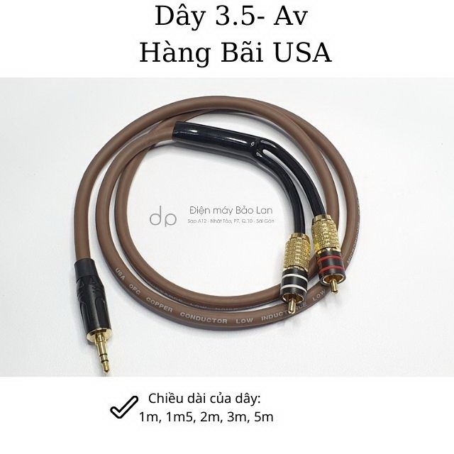 Dây Audio 3.5 Ra 2Av Xịn, Hàng Bãi USA, Màu Nâu, Đồng Nguyên Chất, Bảo Hành 6 Tháng