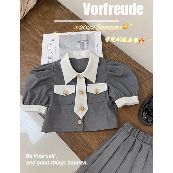 Bộ Áo Sơ Mi Phối Chân Váy Xếp Ly Thời Trang Mùa Hè Cho Bé Gái