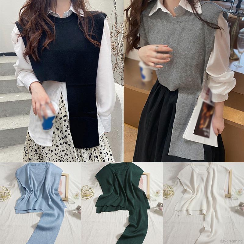 Áo len croptop không tay cổ tròn màu sắc đơn giản dành cho nữ