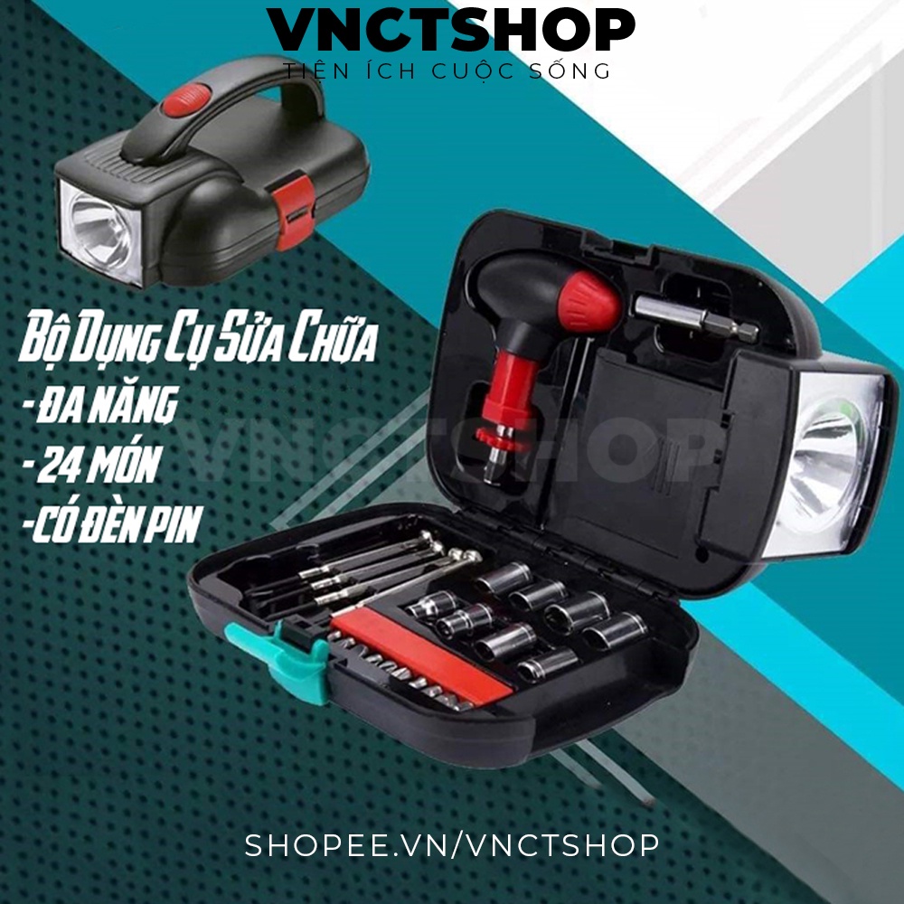 Bộ dụng cụ sửa chữa đa năng 24 món có đèn pin, bộ đồ nghề sửa chữa đa năng cho gia đình, xe máy