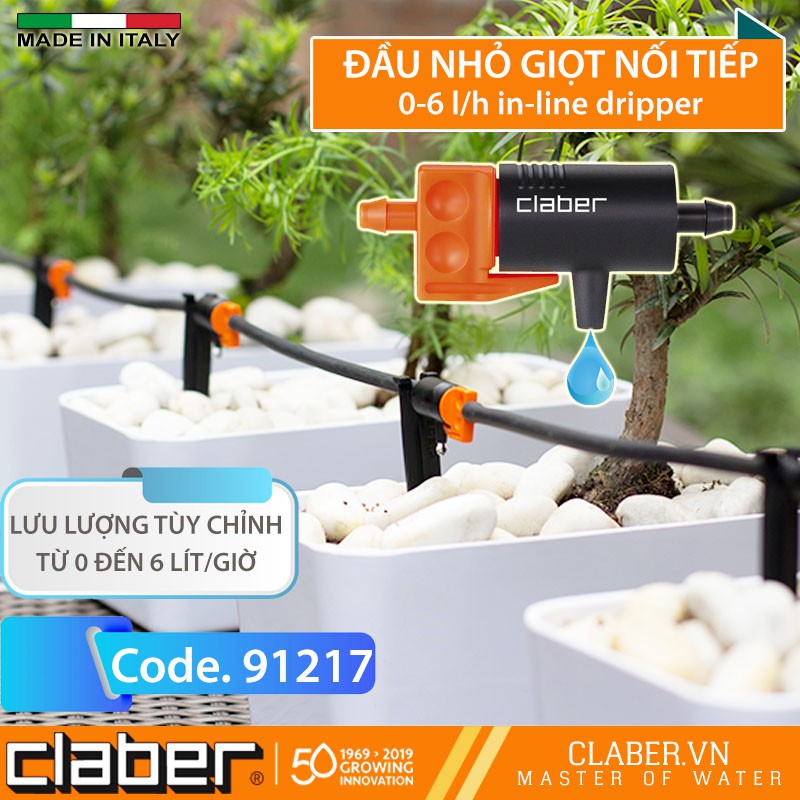 Đầu Tưới Nhỏ Giọt Điều Chỉnh [Made In Itlay] 0-6 lít/giờ Claber 91217,bịch 10 cái, kết nối ống 4-6mm