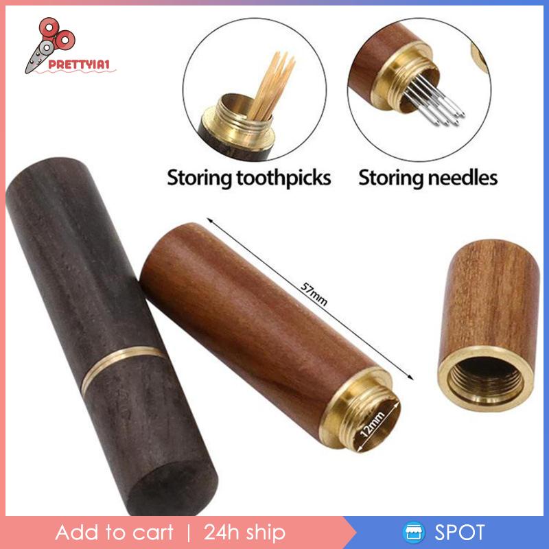 [Prettyia1] 24 Kim Xỏ Chỉ Tự Dính Với Hộp Đựng Kim Gỗ Màu Nâu_Golden