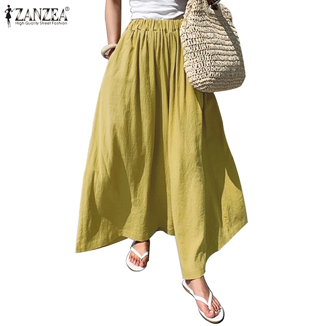 ZANZEA Quần dài lưng thun ống rộng co giãn thoải mái cho nữ