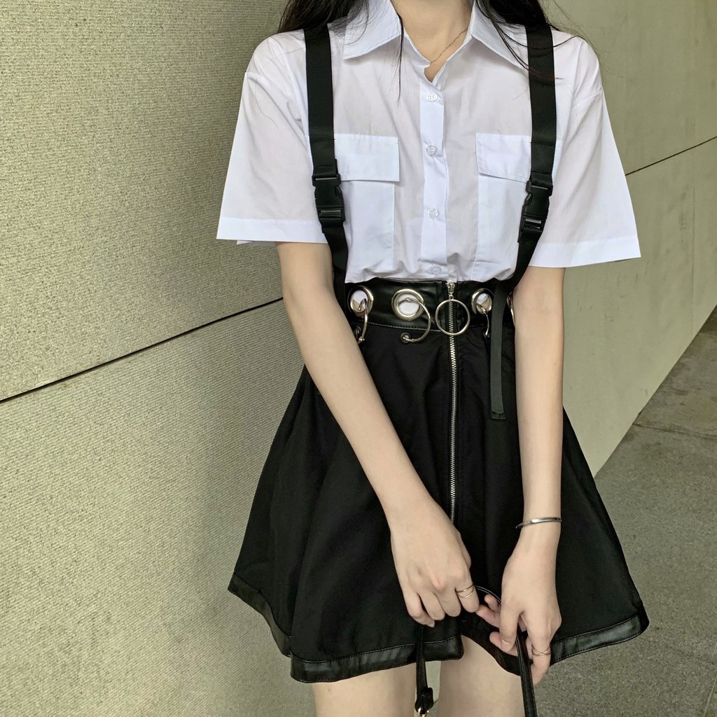 Set Áo Sơ Mi Tay Ngắn + Chân Váy Phong Cách Retro Harajuku Cá Tính