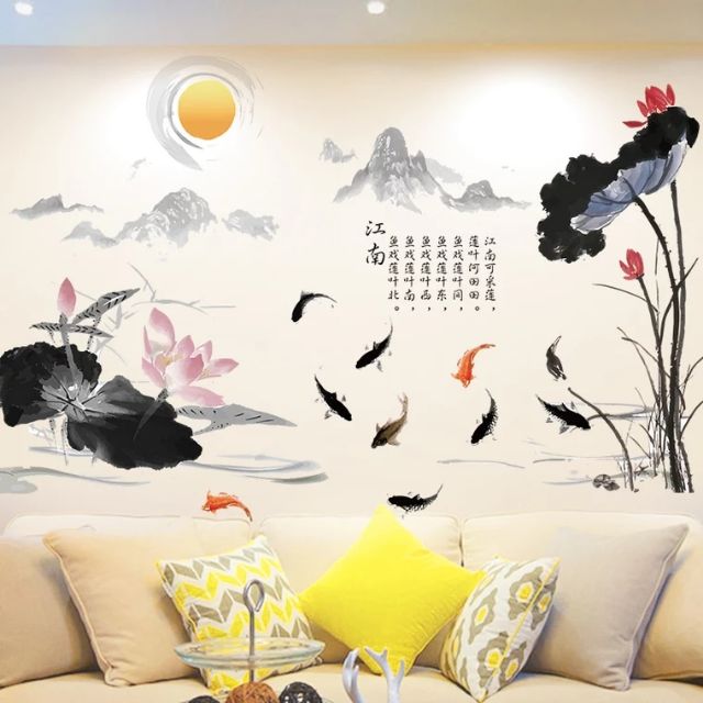 Decal dán tường sen cửu ngưu đá