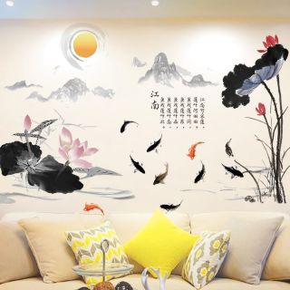 Decal dán tường sen cửu ngưu đá