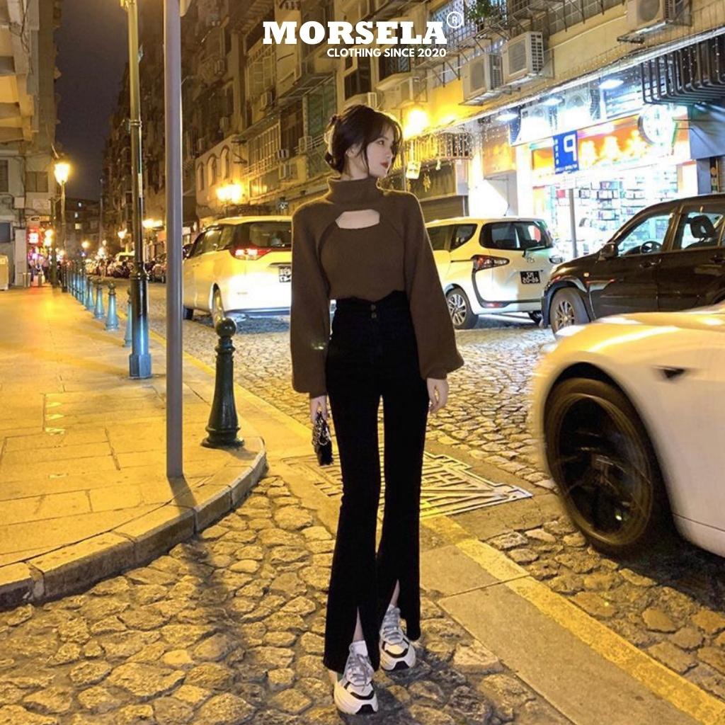 MORSELA® chính hãng - Set áo gân tăm tay dài croptop cổ lọ khoét ngực kèm áo kiểu tay bồng kèm ba lỗ phong cách bánh b