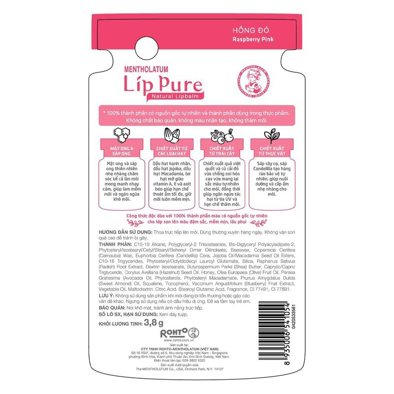 Son Dưỡng Có Màu Lip Pure Màu Hồng Đỏ Natural Lipbalm #Raspberry Pink 3.8g