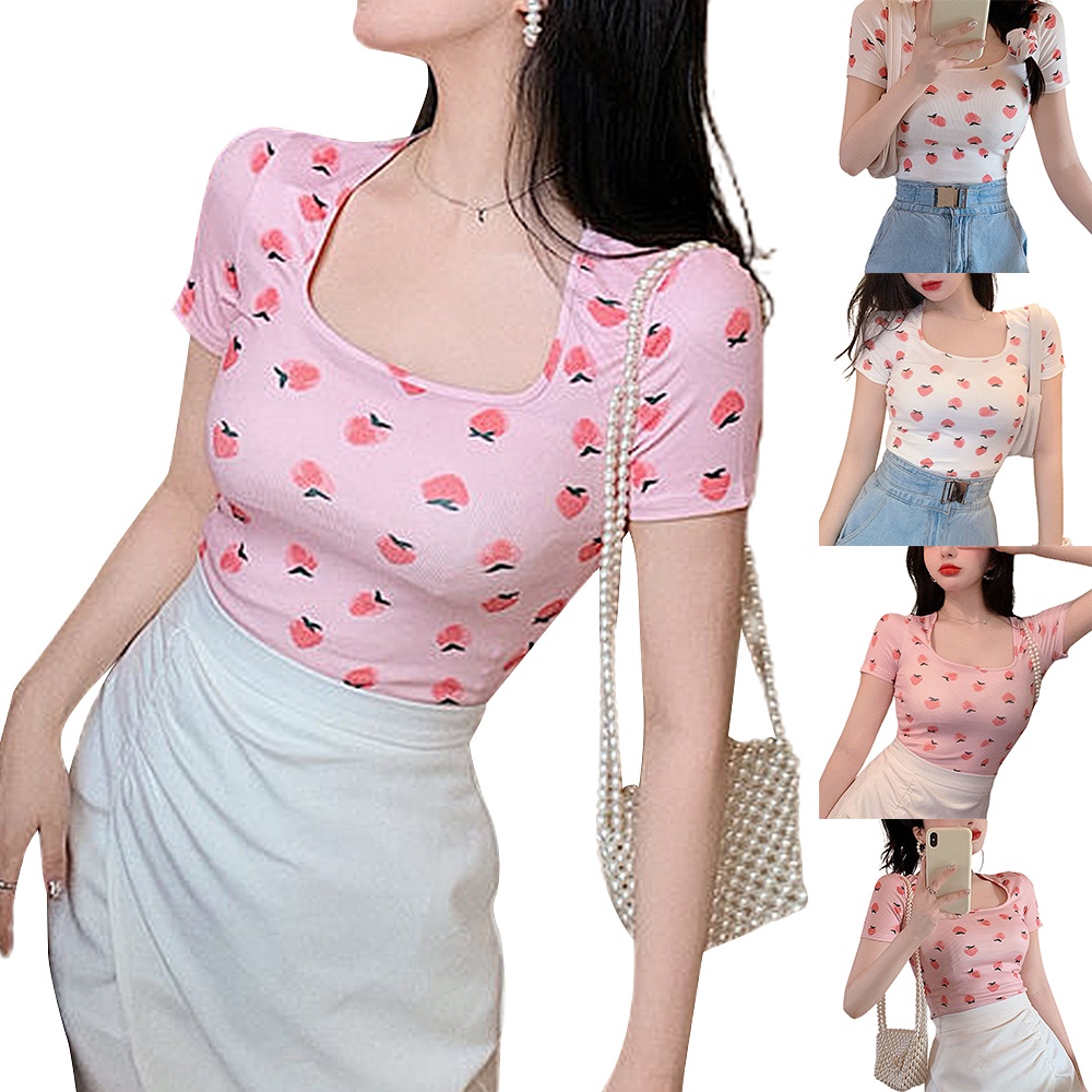 Áo thun tay ngắn cổ vuông dáng ôm in hình dâu tây dễ thương cho nữ