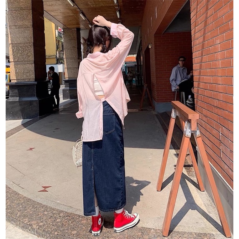 Chân váy bò dài xanh đậm