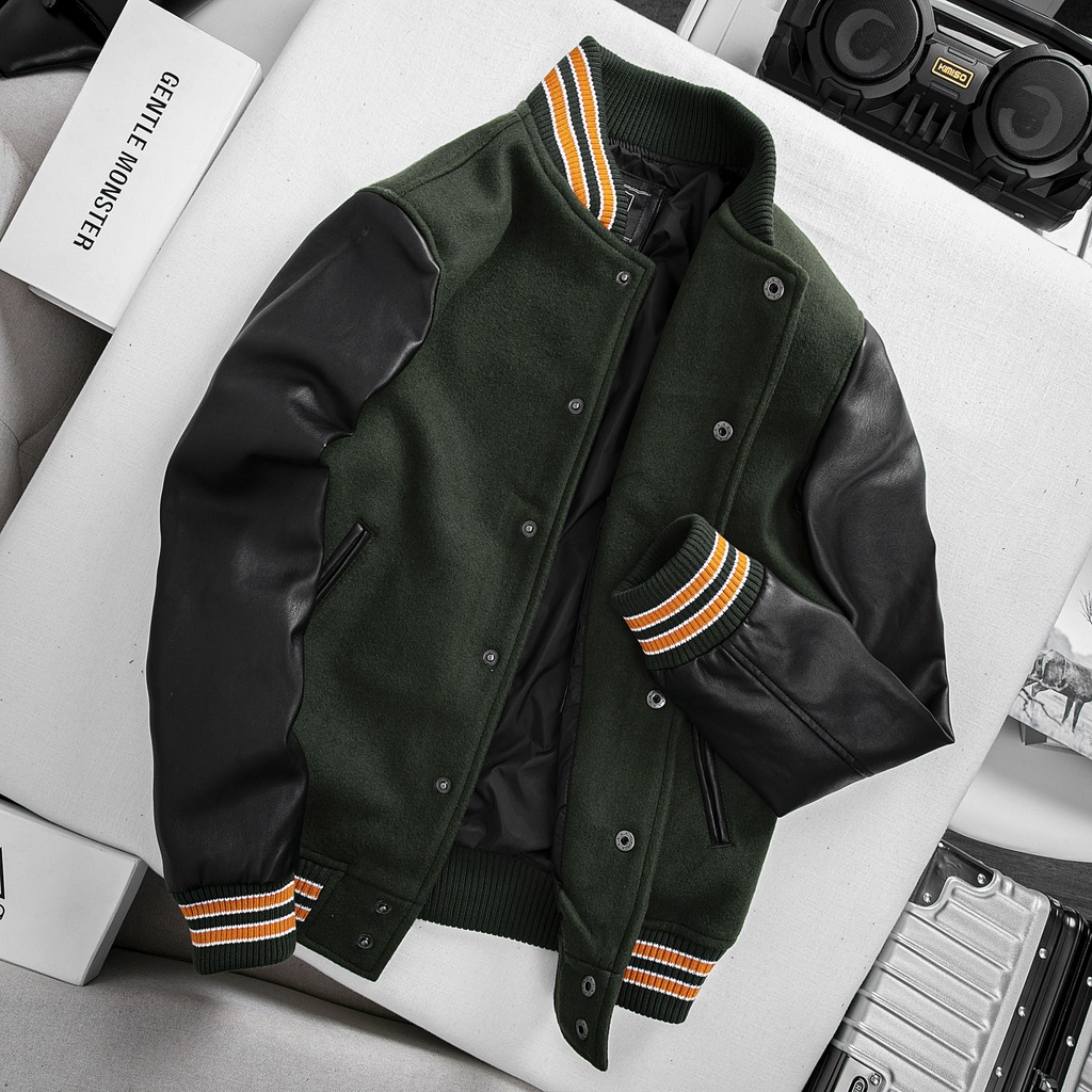 Áo Varsity Dạ Lông Cừu Phối Tay Da Đen Cao cấp HUTTON Phong cách, chất đẹp