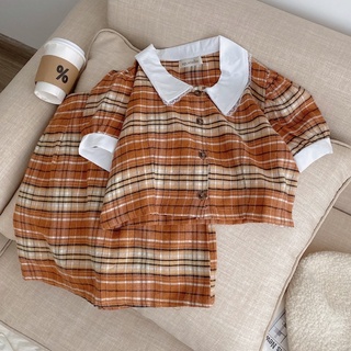 Set áo sơ mi croptop cổ bèo viền ren + Chân váy chữ A kẻ caro