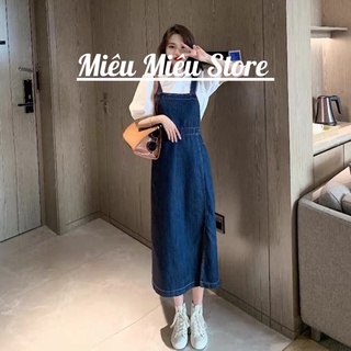 Set yếm Jeans dài áo sơ mi trắng tay bồng Size S M L