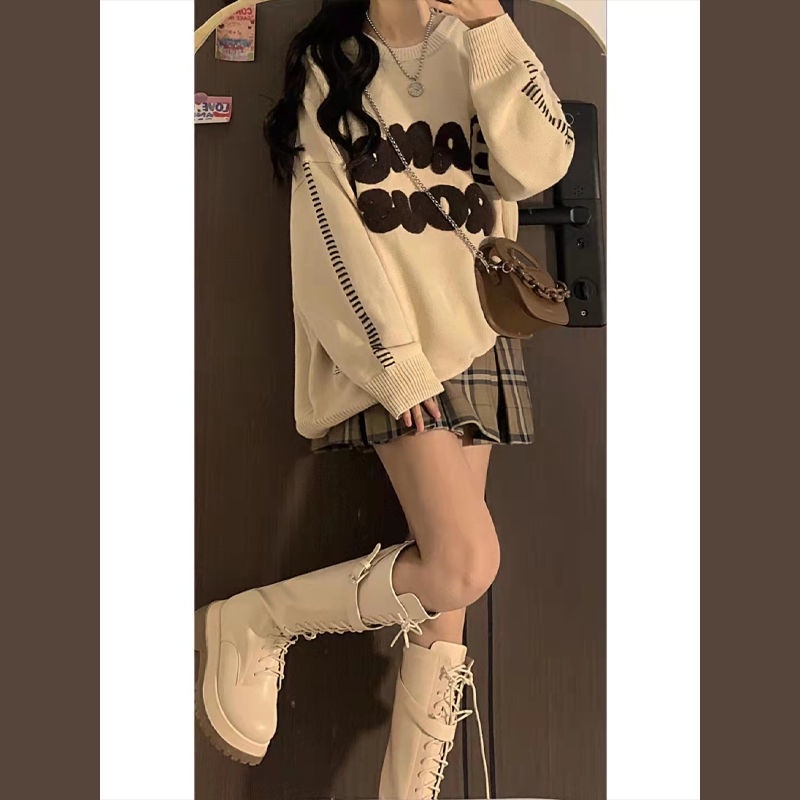 Bộ Áo Sweater Cổ Tròn Kèm Chân Váy Lưng Cao 155cm Thời Trang Thu Đông Hàn Quốc Cho Nữ