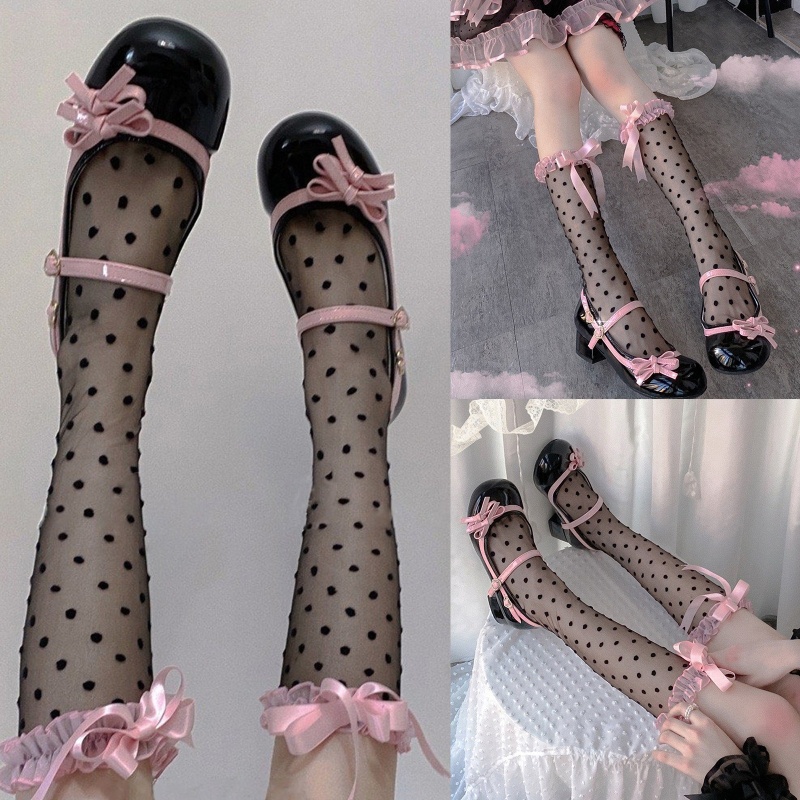Tất Lưới Mỏng Phối Nơ Họa Tiết Chấm Bi Phong Cách Lolita Nhật Bản