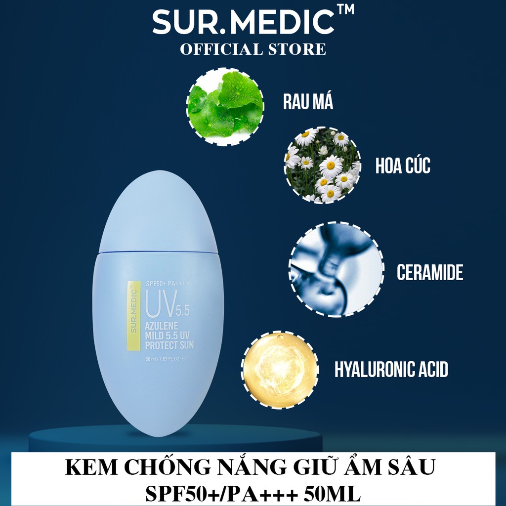 Kem Chống Nắng Giữ Ẩm Sâu Sur.medic Azulene Mild 5.5 UV Protect Sun SPF50+/PA+++ 50ml