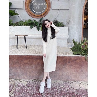 Váy cổ lửng li gân be