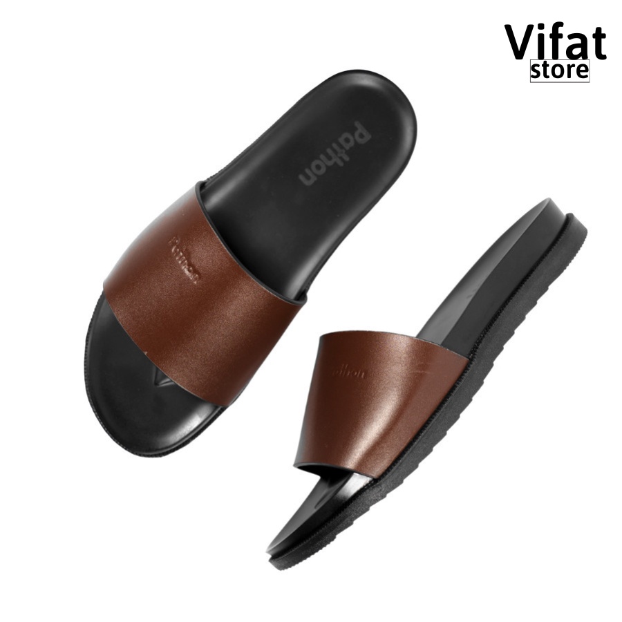 Dép nam quai ngang slipper da Microfiber và đế 2 lớp màu đen quai nâu mẫu VIFAT15
