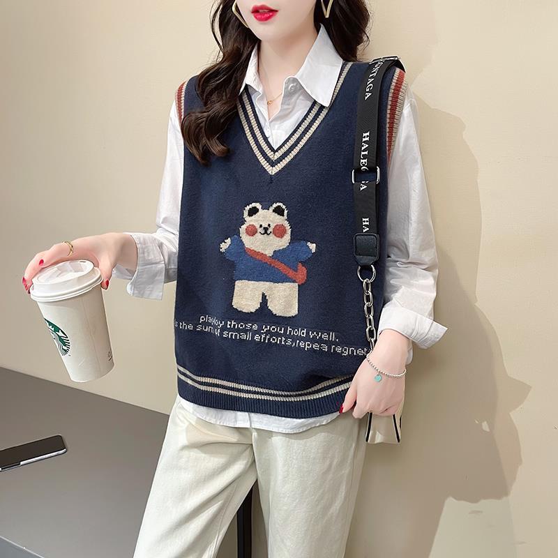 Áo sweater Dệt Kim Không Tay Dáng Rộng In Hình Gấu Phong Cách Hàn Quốc Thời Trang Mùa Thu Mới Cho Nữ